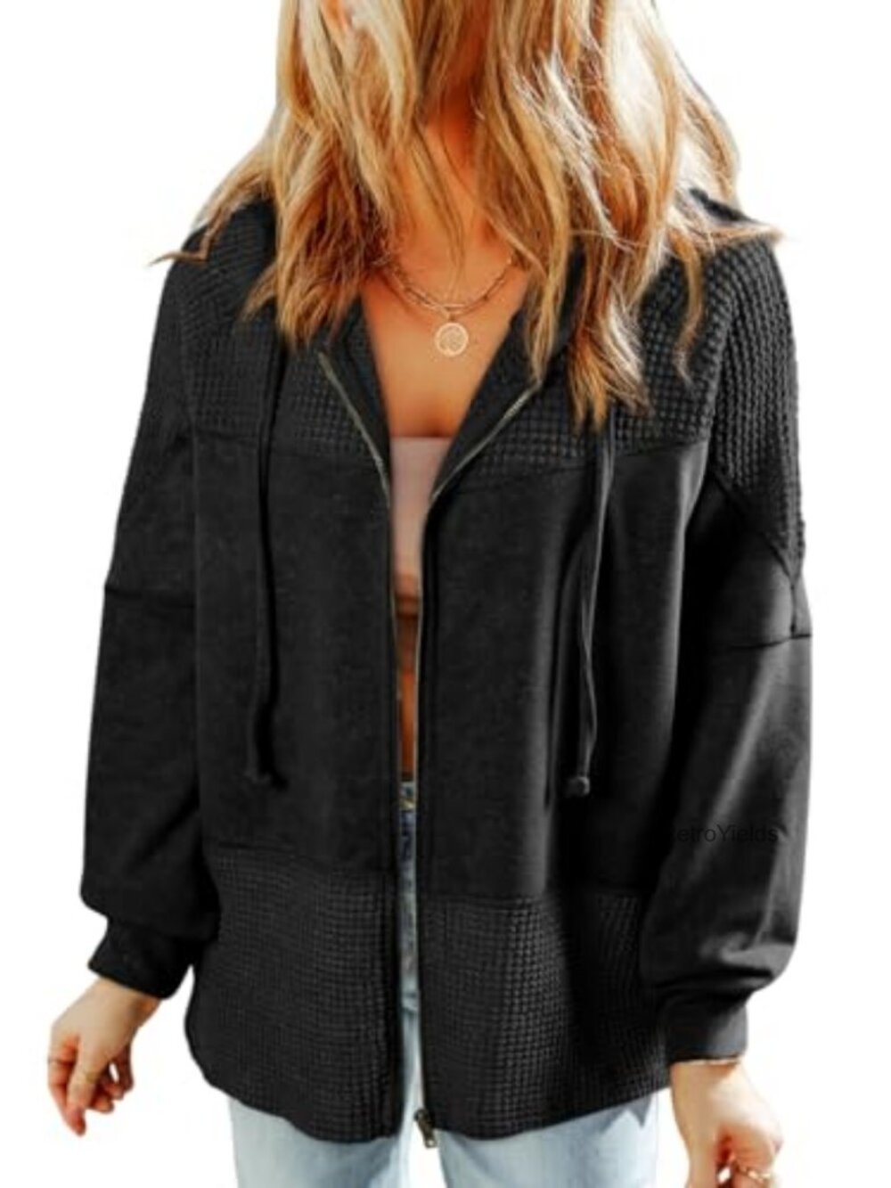 Waffle Knit Zip Up Hooded Jacket, Drawstring Oversized Casual